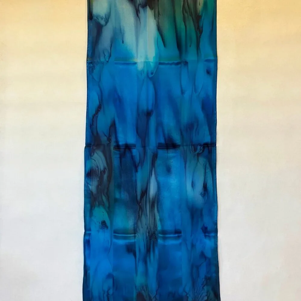 Hand Painted Silk Scarf Turquoise Dark Light Blue Rectangle Head Hair Neck New - Picture 6 of 6